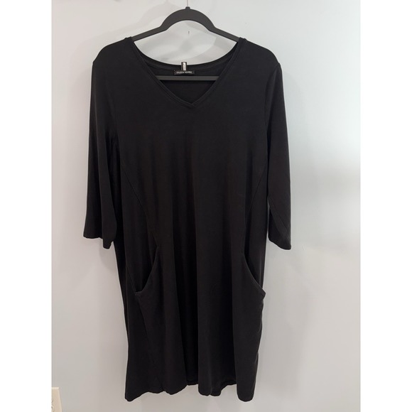 Eileen Fisher Black Tencel Dress M V Neck Pockets Stretch Casual Soft Minimalist - Picture 4 of 8